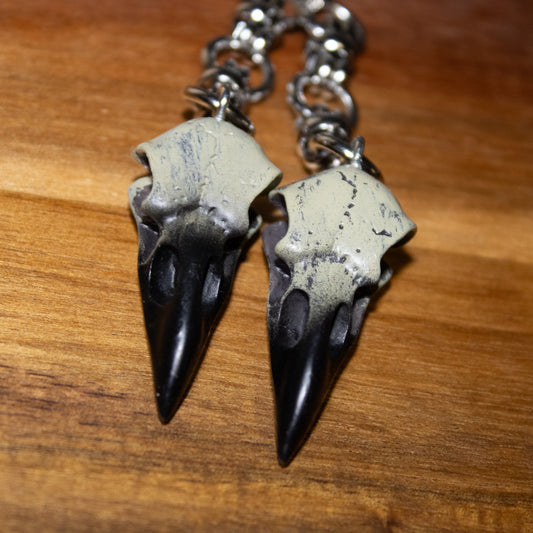 Carrion Call – Two-Tone Raven Skull Dangle Earrings