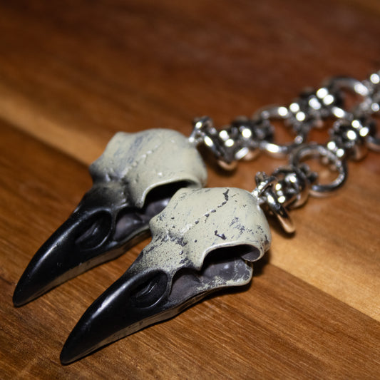 Carrion Call – Two-Tone Raven Skull Dangle Earrings